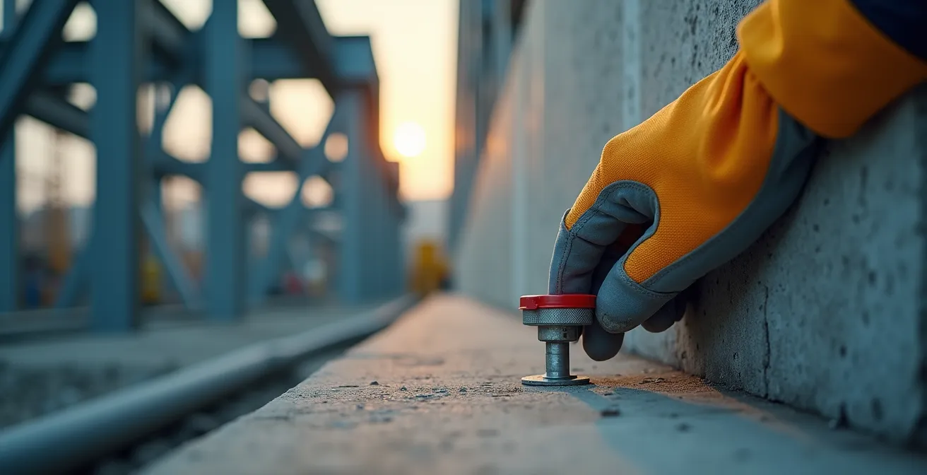 Technicien installant un capteur de surveillance sur une paroi en béton