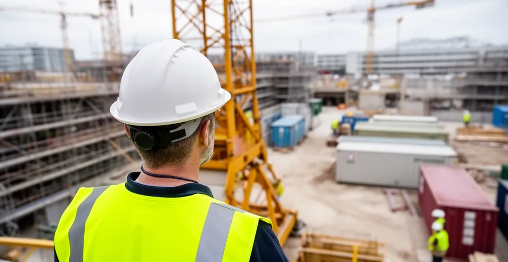 Chef de chantier inspectant équipement de levage avec casque et gilet haute visibilité