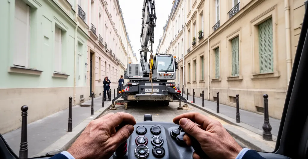 Grue à montage rapide autonome sur chantier accès restreint en centre-ville