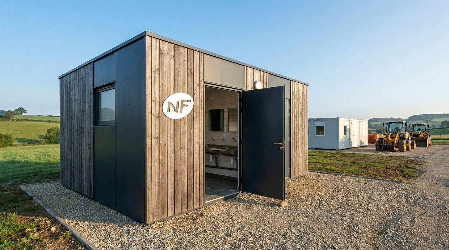Rangée de trois cabines sanitaires mobiles autonomes blanches alignées sur un chantier, avec pictogrammes homme/femme visibles sur les portes et environnement chantier en arrière-plan flouté