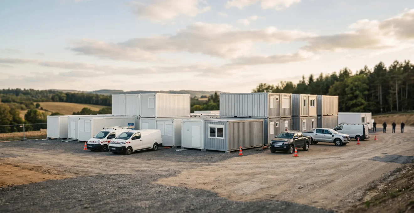 Base vie modulaire composée de plusieurs bungalows préfabriqués blancs et gris installés sur un terrain en zone rurale isolée, avec véhicules de chantier garés à proximité et paysage de campagne en arrière-plan