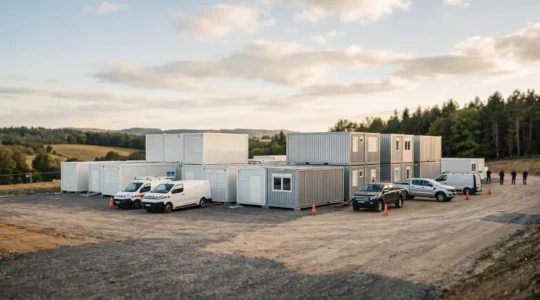 Base vie modulaire composée de plusieurs bungalows préfabriqués blancs et gris installés sur un terrain en zone rurale isolée, avec véhicules de chantier garés à proximité et paysage de campagne en arrière-plan