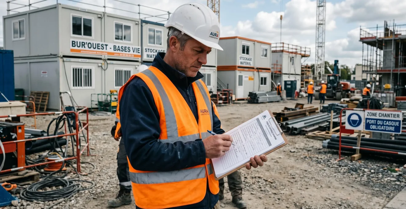 Conducteur de travaux en casque et gilet haute visibilité vérifiant des documents sur tablette numérique, avec modules préfabriqués de base vie visibles en arrière-plan sur chantier