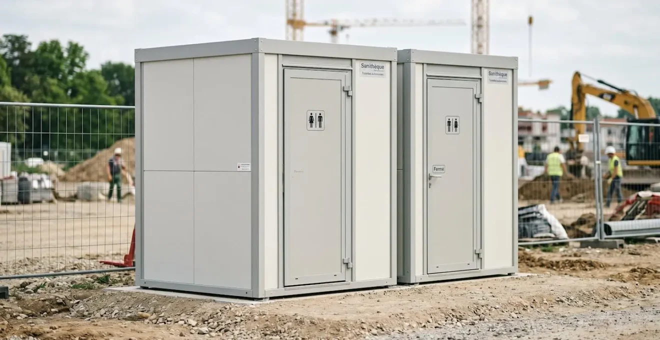 Rangée de trois cabines sanitaires mobiles autonomes blanches alignées sur un chantier, avec pictogrammes homme/femme visibles sur les portes et environnement chantier en arrière-plan flouté