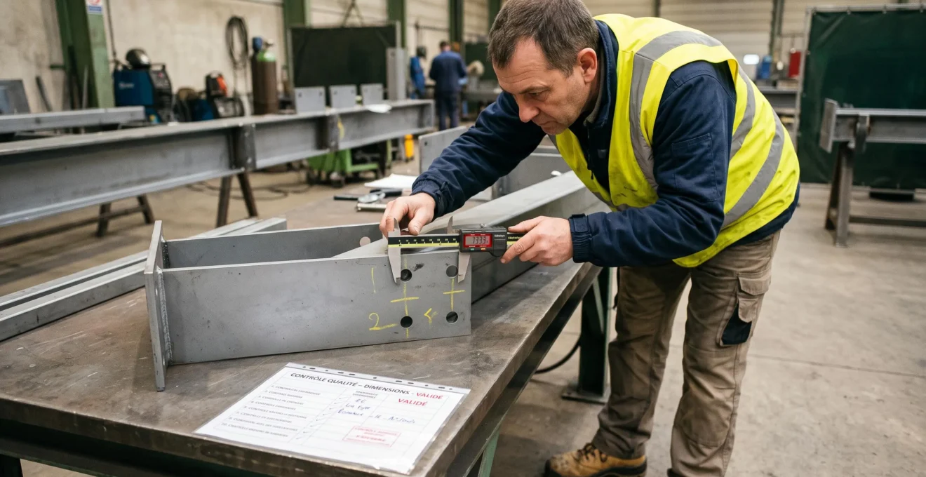 Technicien effectuant un contrôle dimensionnel sur une pièce de charpente métallique en atelier de fabrication