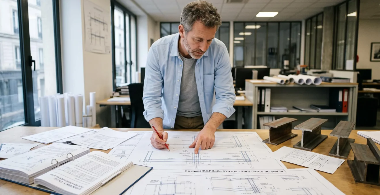 Ingénieur structure travaillant sur des plans techniques de charpente métallique dans un bureau d'études