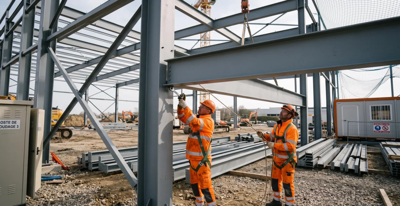Ouvriers montant une poutre en acier sur un chantier de construction de charpente métallique