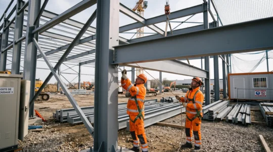 Ouvriers montant une poutre en acier sur un chantier de construction de charpente métallique