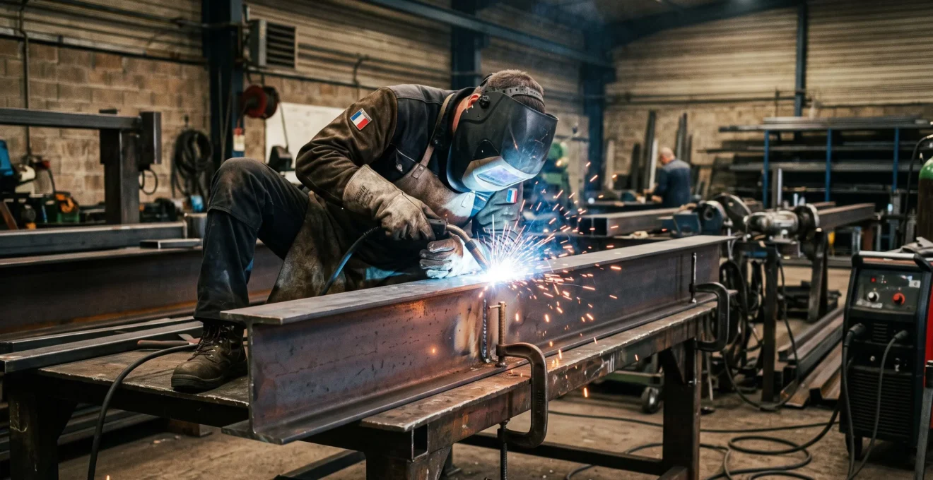 Soudeur professionnel réalisant une soudure à l'arc sur une poutre en acier dans un atelier de fabrication métallique